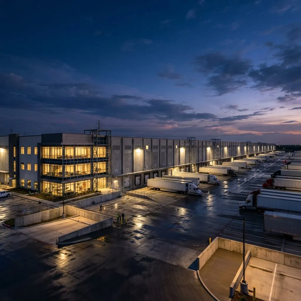 Distribution center with trucks at loading docks at dusk
