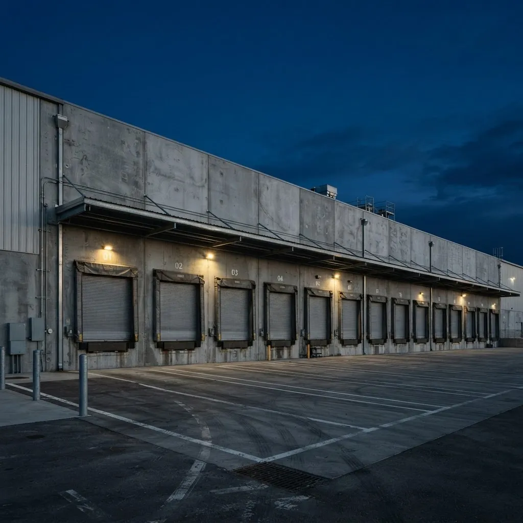Row of loading dock doors on a concrete tilt-wall warehouse at dusk